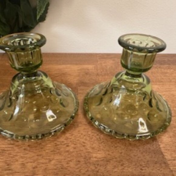 Vintage Green Glass Candle Holders Moon & Stars Pattern Indiana Style Pair Thumb - Picture 3 of 5